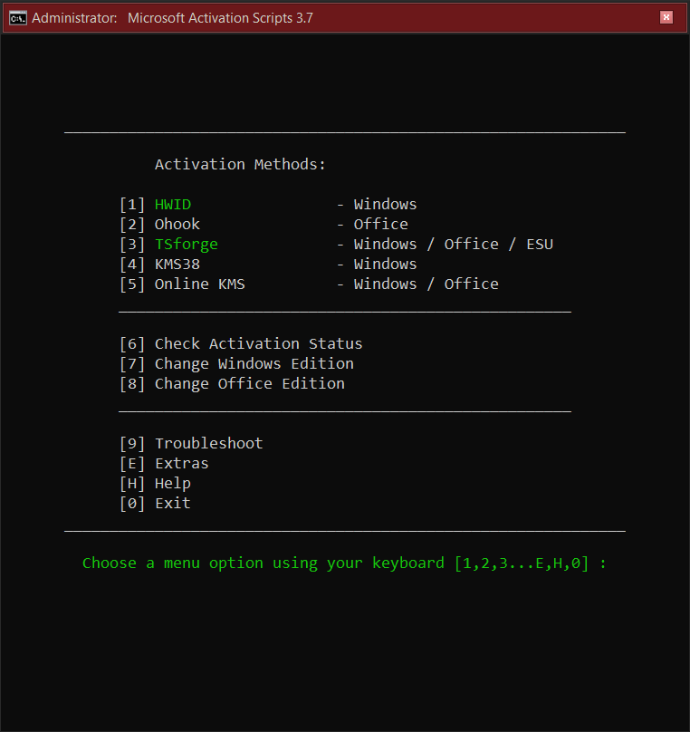 Command Prompt window displaying the main screen of the Microsoft Activation Scripts